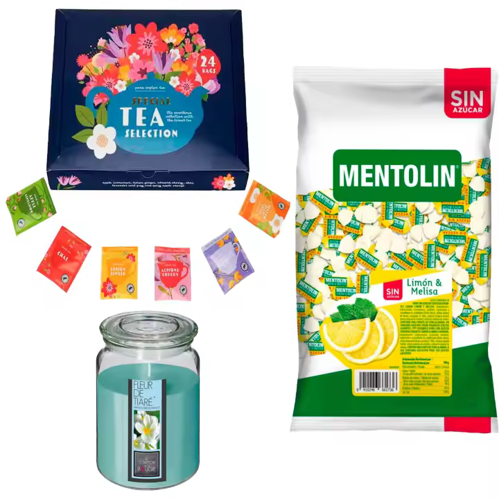 Pack surtido: MENTOLIN LIMON MELISA S/A BOLSA 1KG + Vela perfumada con flor tiare + Set de Te con 24 bolsitas con diferentes sabores y aromas - 1