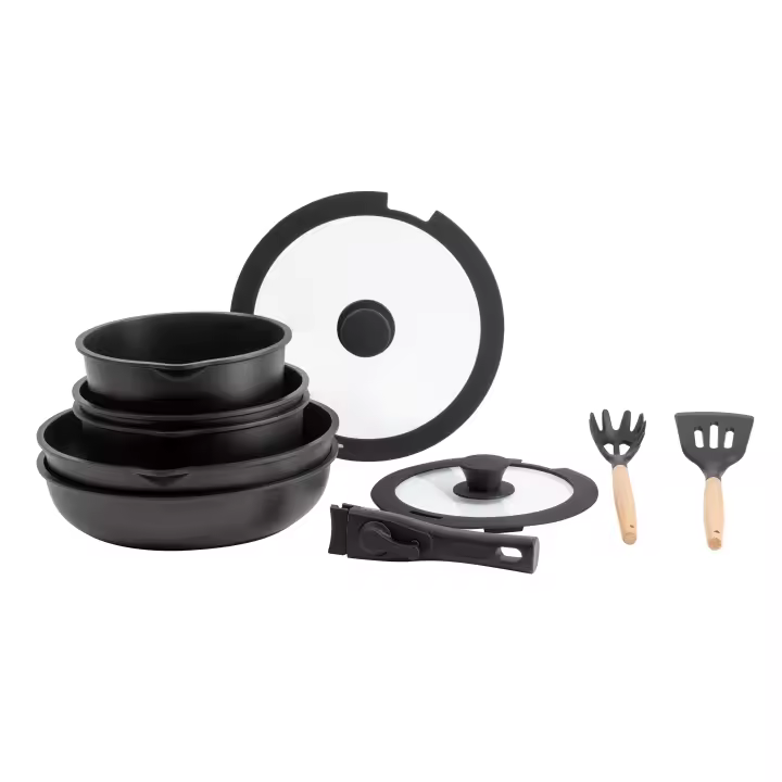 BERGNER | Batería de cocina de 5 piezas de aluminio fundido con mango extraíble y utensilios de cocina - Easy Click | Apta para todo tipo de cocina y horno - 1