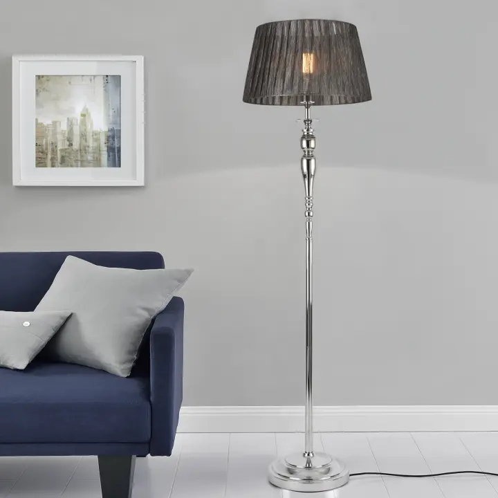 Lámpara de pie Lingen - Metal Tela - Altura 151 x Ø 40 cm - 1 x E27 - Gris y Cromo [lux.pro] - 1