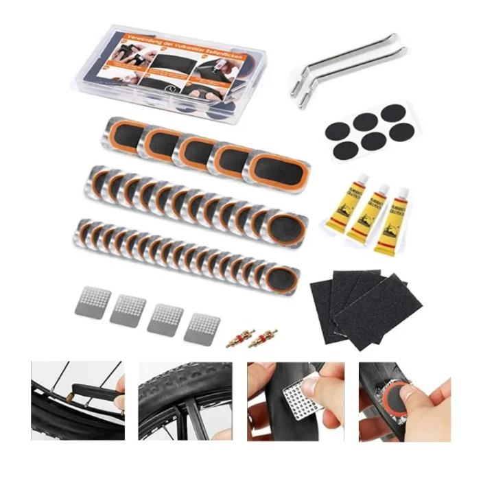 Kit De Reparación De Neumáticos De Bicicleta Portátil Herramientas De Reparación De Tubería Interior Con Llaves De Desenfrenado Y Pads De Reparación De Goma Y Sellador De Parche Frío