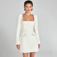 Vestido Mini Elegante Para Mujer Blanco Con Diamantes Cuello Cuadrado Manga Larga Slim A-Line Estilo Sexy Y Club Para Otoño - details 11