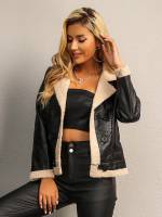 Chaqueta De Cuero PU Con Panel De Oso Moda Feminina Vintage Cuello Alto Doble Botones Corte Corto Para Mujer - details 4