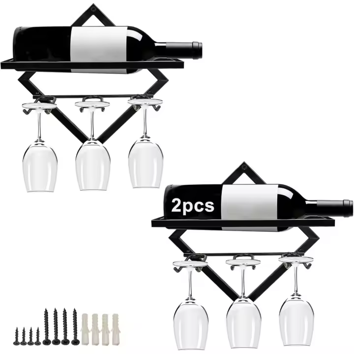 Soporte de Metal para Vino montado en la comparación, estante para Copas de Vidrio con 3 sobres de Vidrio para decoración del Hogar, Cocina y Bar (Negro), 2 UDS. - 1