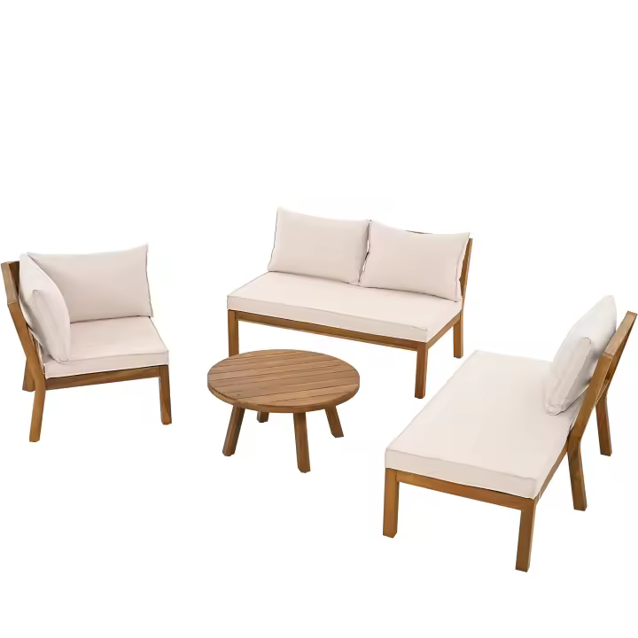 Juego de muebles de Jardín, sofá esquinero + Mesa de café, de Acacia Marco, tablero de Acacia, Marco Gruesto de Madera para Jardines, Piscinas y otras Escenas al Aire Libre, beige - 1