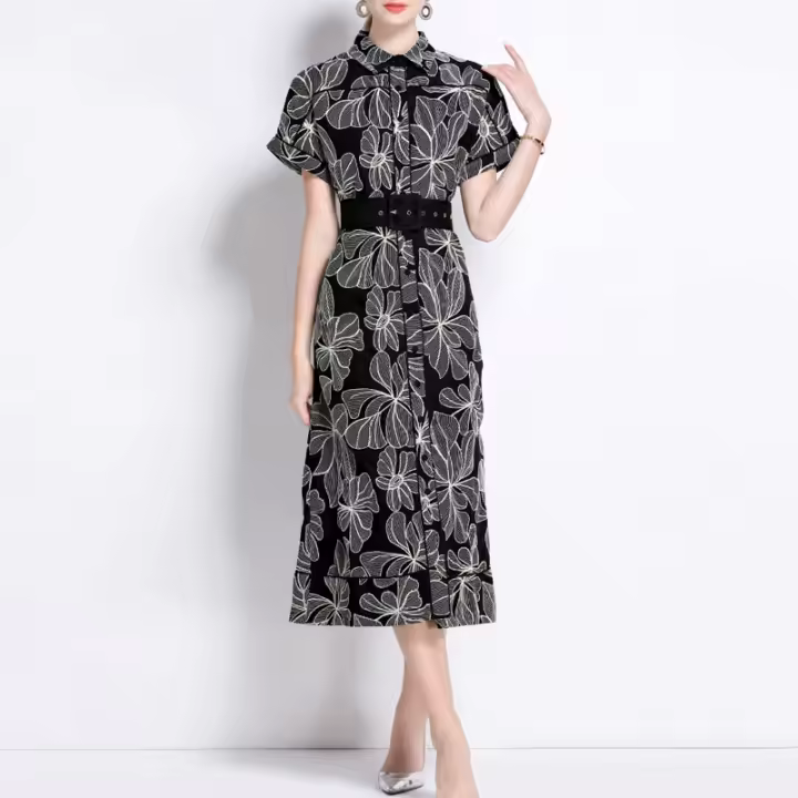 Vestido De Verano Para Mujer Con Manga Corta Y Estampado Collar De Enrollado Con Cinturón A-Line Midi Casual De Poliéster - 1