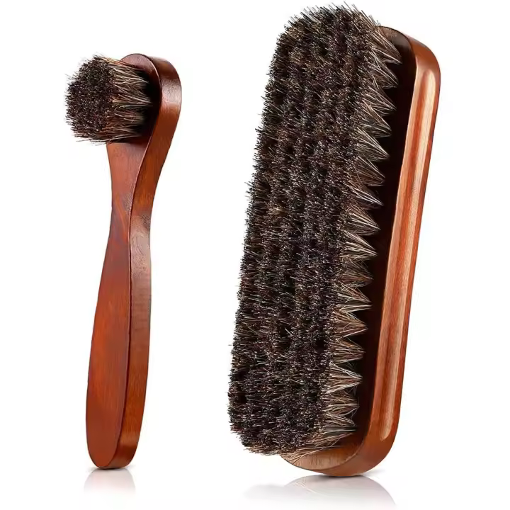 Cepillo para zapatos, cepillo para botas, kit de cepillos para pulir, juego de cepillos para botas de crin de caballo, cepillos de limpieza con mangos de madera - 1
