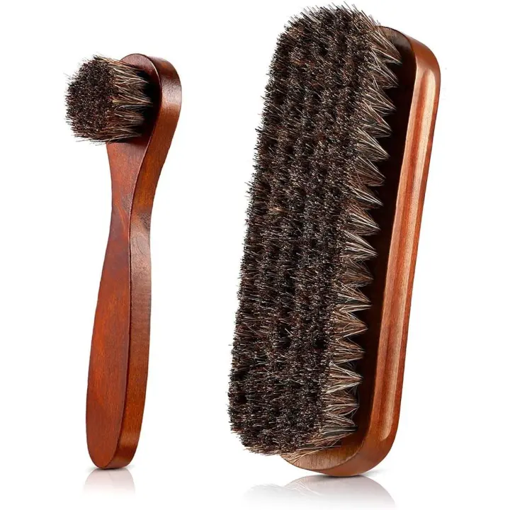 Cepillo para zapatos, cepillo para botas, kit de cepillos para pulir, juego de cepillos para botas de crin de caballo, cepillos de limpieza con mangos de madera - 1