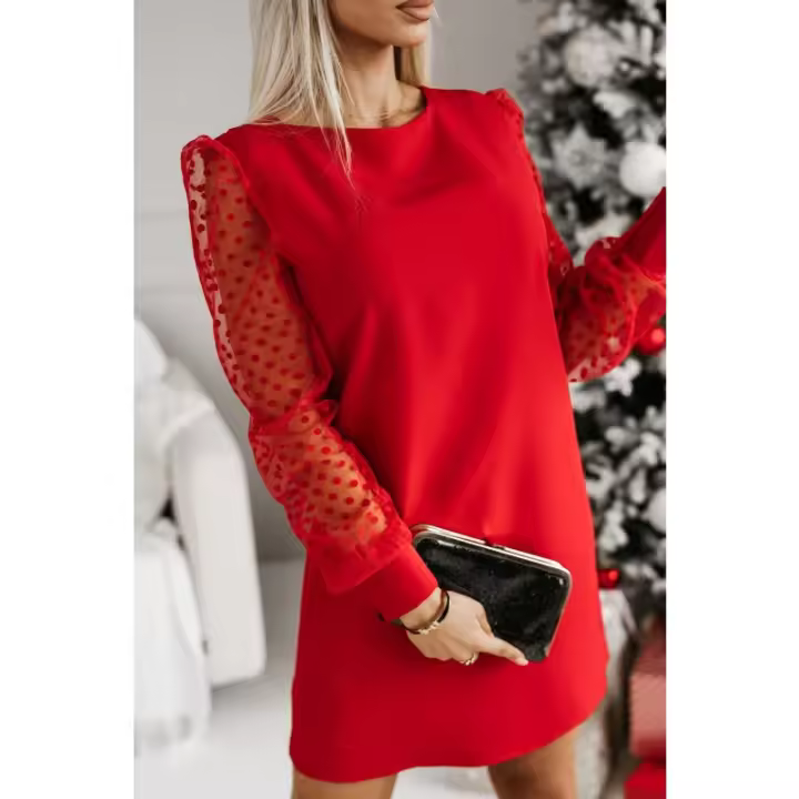 Vestido Mini De Manga Larga Para Mujer Estilo Casual Y Moderno Color Sólido Con Malla Transpirable Cuello Redondo Cómodo - 1