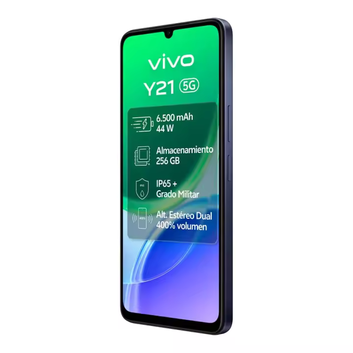 SMARTPHONE - VIVO Y21 5G, Smartphone de 4+4 GB de RAM extendida y ROM de 256 GB, 6500 mAh, FlashCharge de 44 W, cámara Principal de 50 MP, IP65, Pantalla Eyecare de 6,74", 120 Hz, 1200 nits, Android 16 (Negro) [Clase de eficiencia energética A] - 1