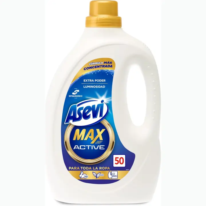 Krown- Asevi Detergente Líquido para Lavadora Max Active – Hipoalergénico y Concentrado para Ropa Blanca y de Color – Quitamanchas Poderoso y Extra Luminosidad – 50 Lavados - 1