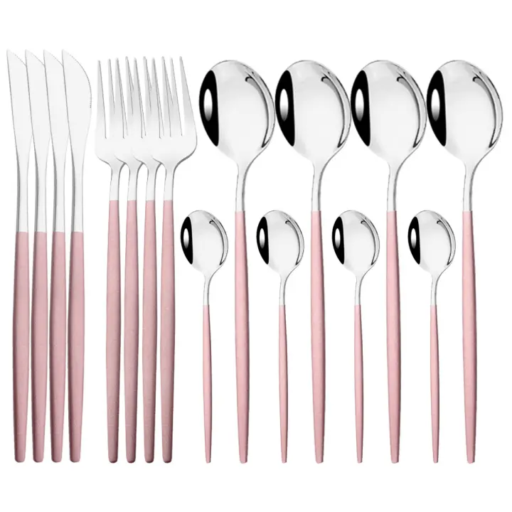 16PCs Cuchillo, Cuchillo, Cubierta Juego de Vajilla de Cena de Maple Inoxidiable Rosa - 1
