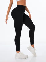Pantalones De Yoga De Color Sólido Con Cintura Alta En V Y Costuras Sin Marcas Para Mujer Leggings De Gimnasio Y Correr Con Estiramiento Alto Tejidos En Ribete - details 5