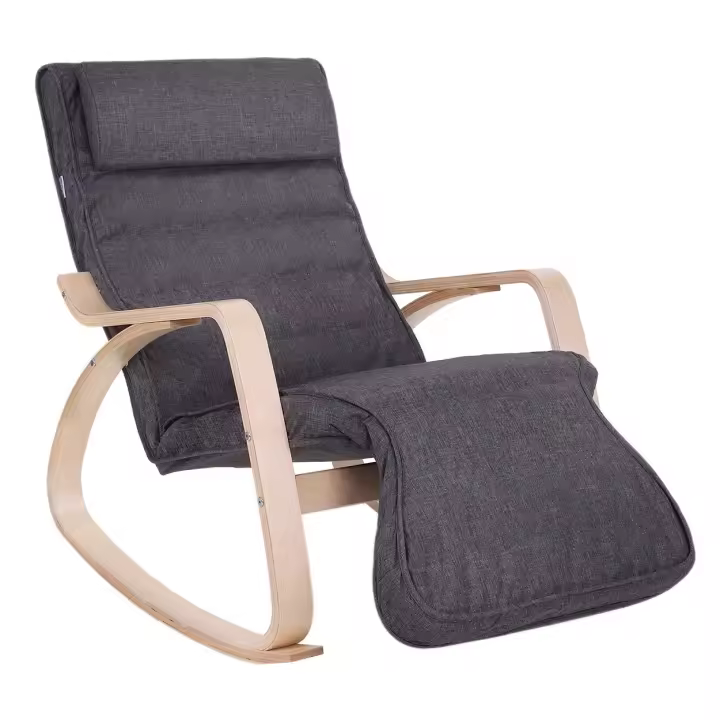 Mecedora de abedul con reposapiés ajustable, sillón tumbona con funda desmontable y lavable, disponible en gris claro o gris oscuro, 67x115x91 cm, capacidad 150 kg - 1