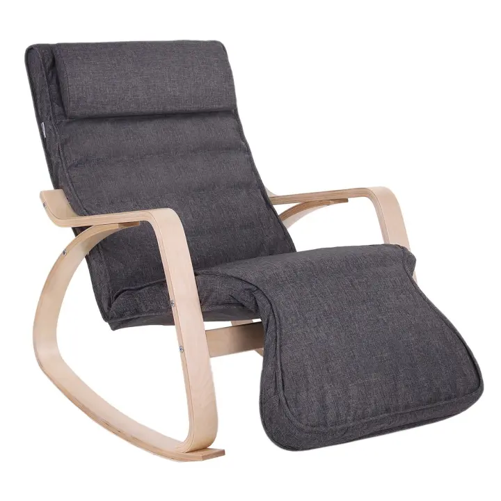 Mecedora de abedul con reposapiés ajustable, sillón tumbona con funda desmontable y lavable, disponible en gris claro o gris oscuro, 67x115x91 cm, capacidad 150 kg - 1