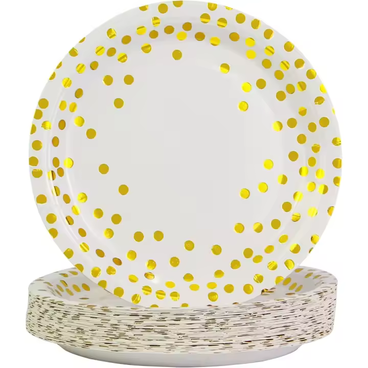 Paquete de 50 platos de papel para fiesta, juego de 7 pulgadas de platos de papel blancos y dorados para fiesta, platos desechables, vajilla para fiesta - 1