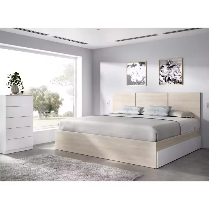 DEKIT GRUPO RIMOBEL HAVANA PACK - CONJUNTO DE CABEZAL DE 3 PLAFONES CON 4 CAJONES, ARO DE CAMA 135/140X190 Y XIFONIER DE 5 CAJONES - NATURAL / BLANCO - 1