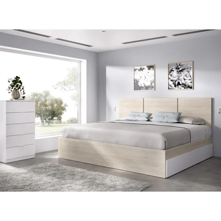 DEKIT GRUPO RIMOBEL HAVANA PACK - CONJUNTO DE CABEZAL DE 3 PLAFONES CON 4 CAJONES, ARO DE CAMA 135/140X190 Y XIFONIER DE 5 CAJONES - NATURAL / BLANCO - 1