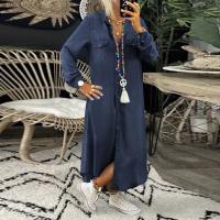 Vestido Largo Casual Para Mujer De Color Sólido Con Mangas Largas Y Bolsillos Diseño De Botón Vestido De Camisa Versátil De Moda - details 1