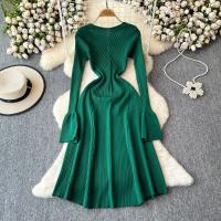 Vestido Largo Elegante Para Mujer Con Mangas Flared Y Volantes Cuello V Solido Bodycon Para Fiesta Y Oficina Polyester Mid-Calf - details 10