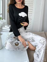Conjunto De Pijamas Para Mujer Con Estampado De Panda Y Nube Larga Manga Cuello Redondo Y Joggers Elásticos Dormitorio Cómodo De Poliéster Y Elástano - details 4