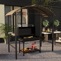 Pabellón para barbacoa 1,1x2,3m Weather-Resistant, Pabellón para barbacoa de exterior, Pabellón de viaje para camping, Techo de poliéster y estantes laterales para parrillas de hasta 100 cm de Largo Acero Caqui - details 1
