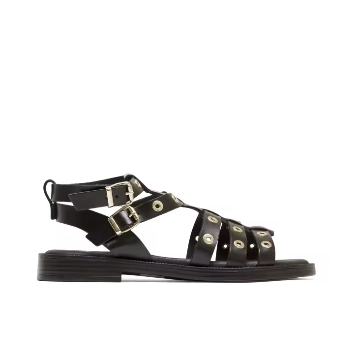 PORRONET - Sandalias planas de tiras Mia en color negro con tachuelas - Cierre mediante doble pulsera al tobillo con hebilla - Elaboradas en piel -  Máxima comodidad y calidad - Hecho en España -  Pl - 1