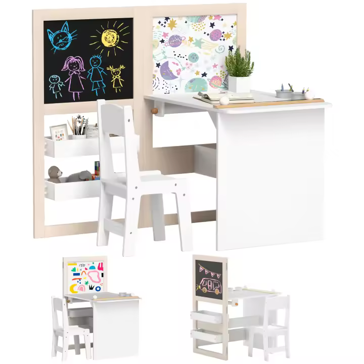 AIYAPLAY Mesa y Silla Infantil de 2 Piezas Mesa Infantil con Silla y Caballete Plegable Mesa para Niños de +3 Años con Estantes y Rollo de Papel para Dormitorio Sala de Juegos Blanco - 1