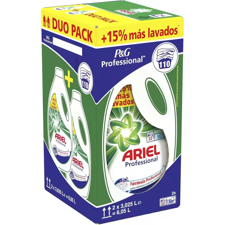 Ariel Professional Detergente Liquido - 110 Lavados (2 botellas x 55) - Ariel Detergente Liquido Profesional -  Pack 2 Botellas - 1