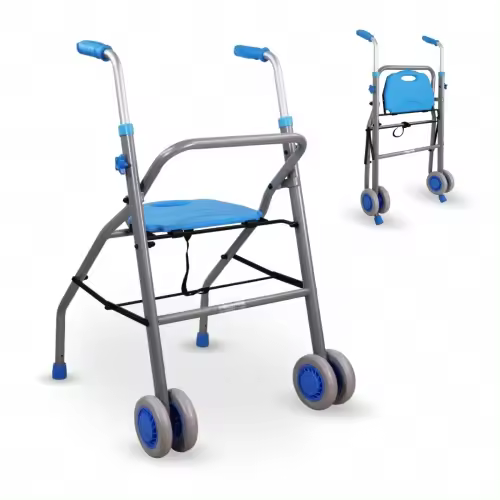 Mobiclinic® Andador para Ancianos Future Plegable Ultraligero Regulable en Altura Aluminio Hasta 136 kg Adultos Asiento Respaldo y Ruedas Diseño Elegante Celeste - 1