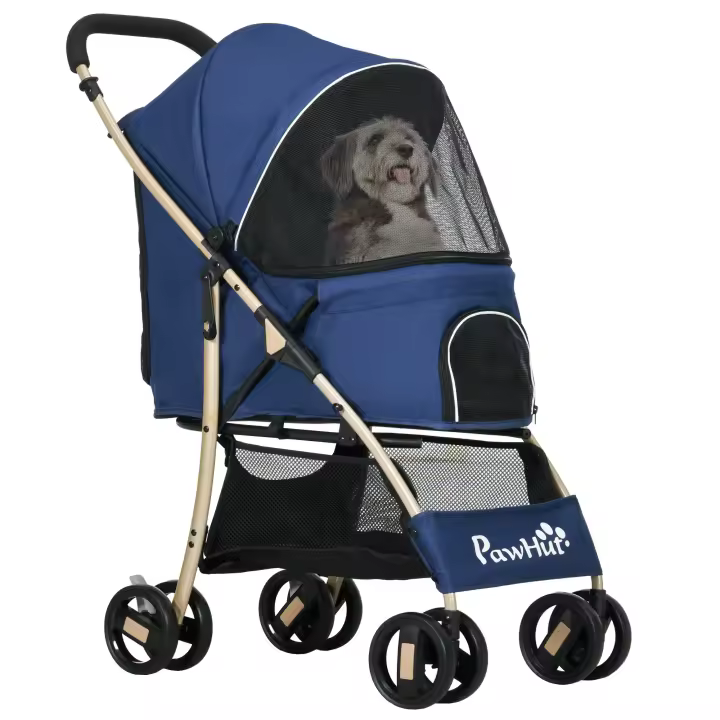 PawHut - Cochecito para perros plegable con cesta de almacenamiento, correas de seguridad, cojín incluido, ruedas con freno, tela Oxford 600D, acero, dimensiones: 80 L x 44,5 W x 97 H cm, azul oscuro - 1