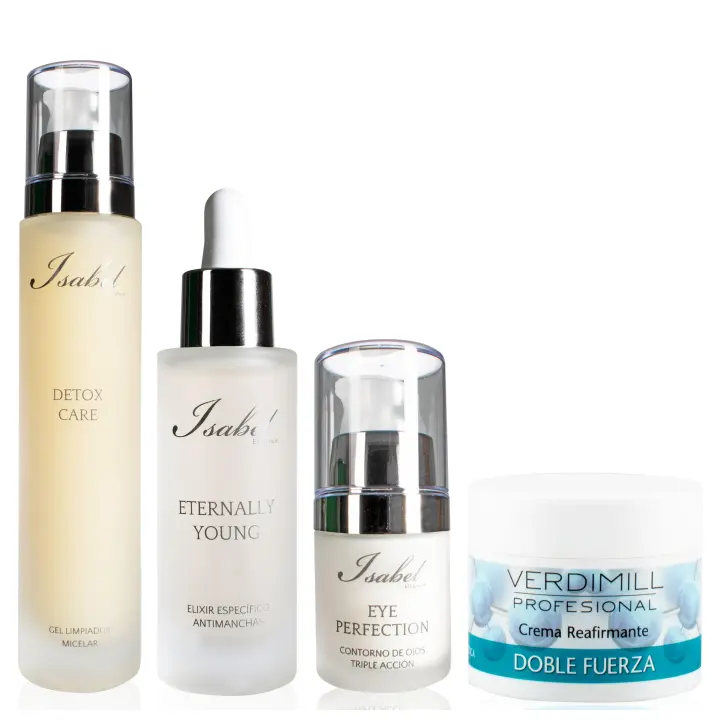 Verdimill Gel Limpiador Micelar 100ML Isabel+ Elixir Especifico Antimanchas 30ML Isabel+ Contorno de Ojos Triple Acción 20ML Isabel + Crema Facial Reafirmante Colágeno y Ácido Hialurónico 125ML. Pack Verdimill - 1