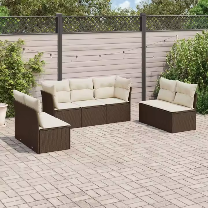 vidaXL Juego de sofás de jardín 7 piezas con cojines ratán PE marrón - 1