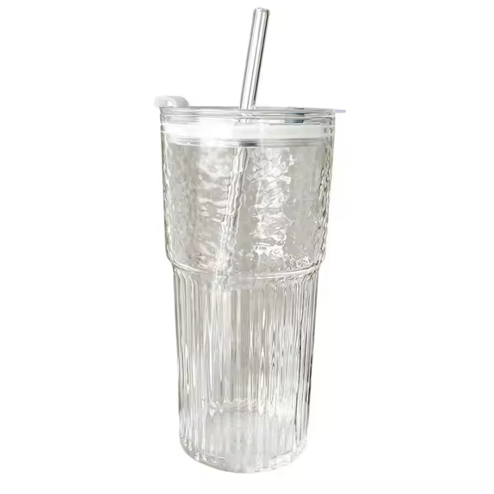 Vaso De Vidrio Con Tapa Y Pajita 600ml Estampado En Línea Para Bebidas Transparente Para Leche Té Jugo Agua Fría Y Café Mug De Barra Vajilla De Bebida - 1