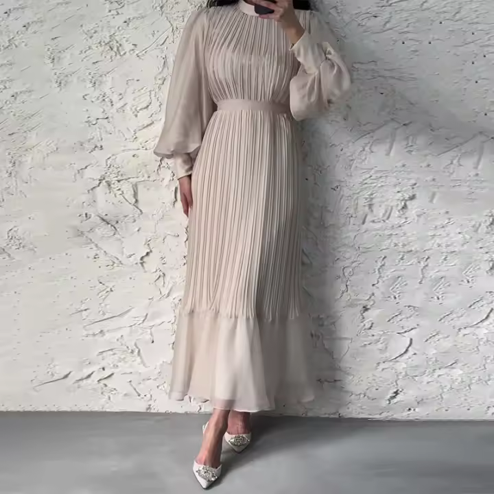 Vestido Largo Maxi Con Volantes Y Cintura Alta Para Mujer Estilo Elegante Con Mangas Acolchadas Y Diseño De Encaje Para Fiesta Otoño - 1