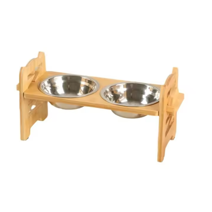 Cuencos ajustables para perros, platos duraderos con soporte, comedero para perros con 2 cuencos de acero inoxidable, cuencos elevados de bambú para mascotas - 1
