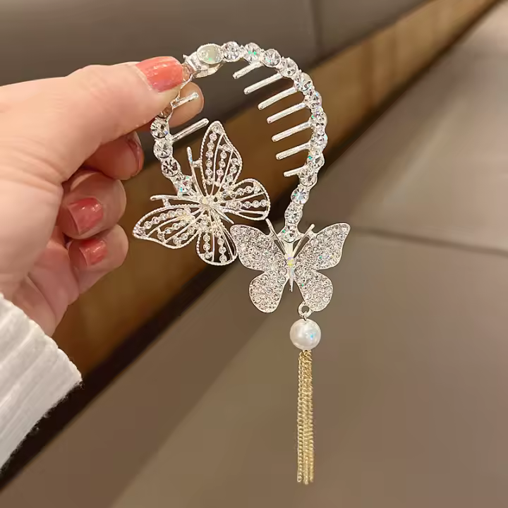 Pinza Para El Pelo De Mujer Con Perlas Y Colgante De Mariposa Imitación De Cristal Rhinestone Accesorio De Cabello Para Coletas Altas Decorativo Para Uso Casual - 1