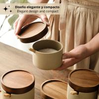 LUTODY - Juego de 3 botes de cerámica para sal, pimienta, azúcar, especias y condimentos con tapa de acacia natural para cocina y alimentos - details 2