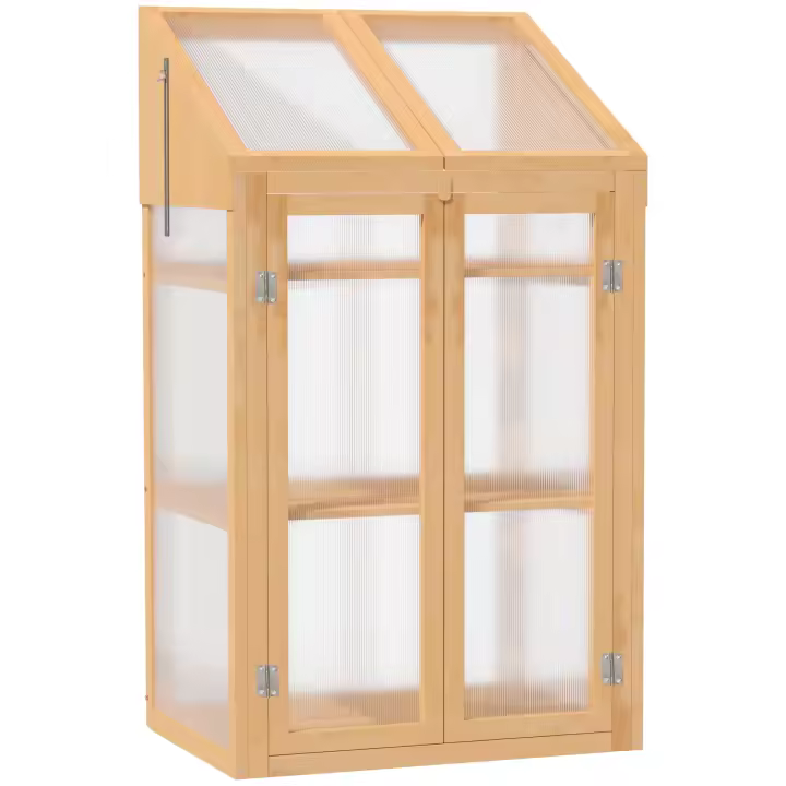 Outsunny Invernadero de Madera con Paneles de Policarbonato Invernadero de Jardín con Tapa Abatible 2 Puertas y 3 Estantes para Cultivo Plantas Terraza Patio 70x50x120 cm Natural - 1