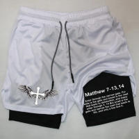 Shorts De Rendimiento Para Hombre Impresión De La Biblia deportivosMesh 2 En 1 Compresión Para Gimnasio Y Correr Pantalones De Deporte Casual - details 3