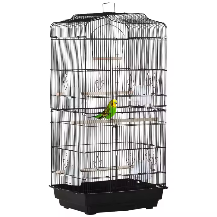 PawHut Jaula para Pájaros 46,5x35,5x92 cm Pajarera de Metal con Puertas 4 Comederos 3 Perchas Columpio Bandeja Extraíble y Asa de Transporte para Loro Canario Periquito - 1