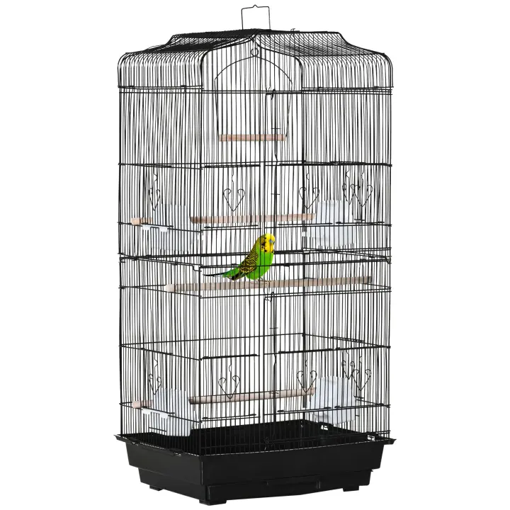 PawHut Jaula para Pájaros 46,5x35,5x92 cm Pajarera de Metal con Puertas 4 Comederos 3 Perchas Columpio Bandeja Extraíble y Asa de Transporte para Loro Canario Periquito - 1