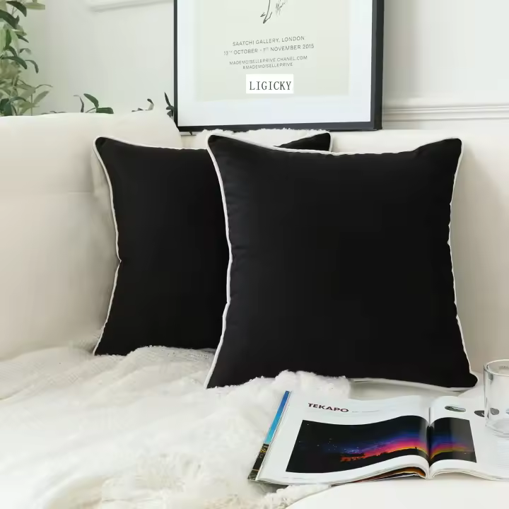 LIGICKY Set of 2 White Velvet Throw Pillow Covers Modern Minimalist Style Solid Decorative Black Rope Edging Soft Square Cushion Cases for Sofa Bedroom Party Décor, 26 x 26 inch - 1
