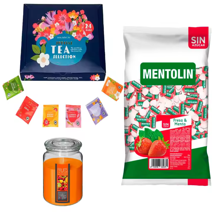 Pack surtido: MENTOLIN FRESA MENTA S/A BOLSA 1KG + Vela de Frutas Exóticas 510g  + Set de Te con 24 bolsitas con diferentes sabores y aromas - 1