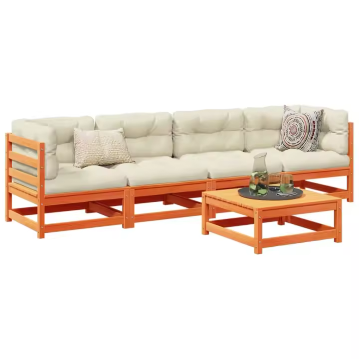 vidaXL Set de sofás jardín 5 pzas con cojines madera pino marrón cera - 1