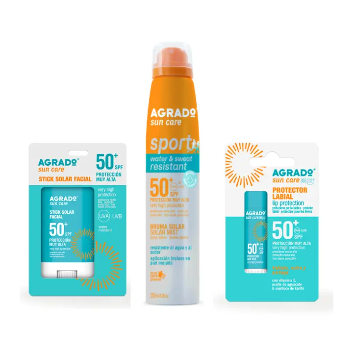 AGRADO - Pack Sport Solar SPF50+, Set con Bruma Sport SPF50+ 200 ml, Stick Solar Facial SPF50+ 15ml, Stick Solar Labial SPF50+ 4ml, Ideal para Actividades Deportivas, Resistente al Sudor y al Agua, Protección Inmediata de los Rayos UVA - 1