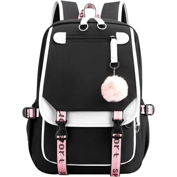 Mochila para adolescentes, estudiantes de secundaria, mochila para exteriores con puerto de carga USB (21 litros, rosa y negro) - 1