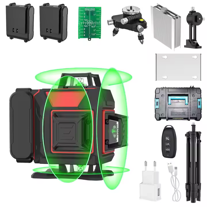 Nivel Láser Profesional 16 Líneas con Haz Verde, Autonivelación 360° ±3°, Alarma por Inclinación >3°, Alcance 30m/±1.5mm, IP54, Batería 2400-3600mAh (Hasta 8h), 110V-220V - Incluye Trípode y Maletín Resistentes - 1