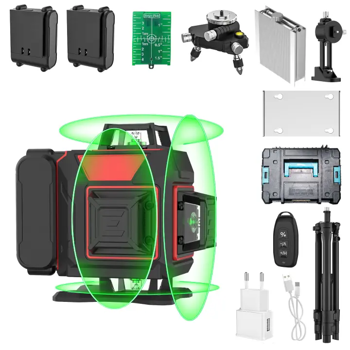 Nivel Láser Profesional 16 Líneas con Haz Verde, Autonivelación 360° ±3°, Alarma por Inclinación >3°, Alcance 30m/±1.5mm, IP54, Batería 2400-3600mAh (Hasta 8h), 110V-220V - Incluye Trípode y Maletín Resistentes - 1