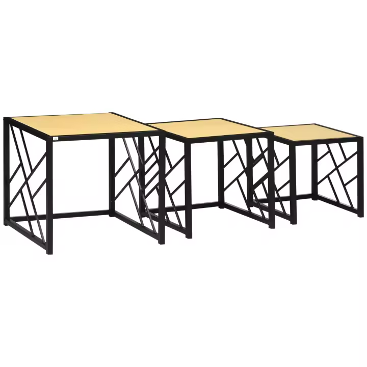 HOMCOM Juego de 3 Mesas Nido Estilo Industrial Metal Negro Aspecto Madera Clara - 1