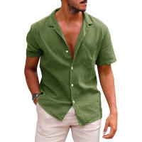 Mov Camiseta de manga corta de lino de verano para hombre, talla grande, sudadera holgada, cárdigan con botones de color liso, camisa de algodón y lino para hombre - details 9
